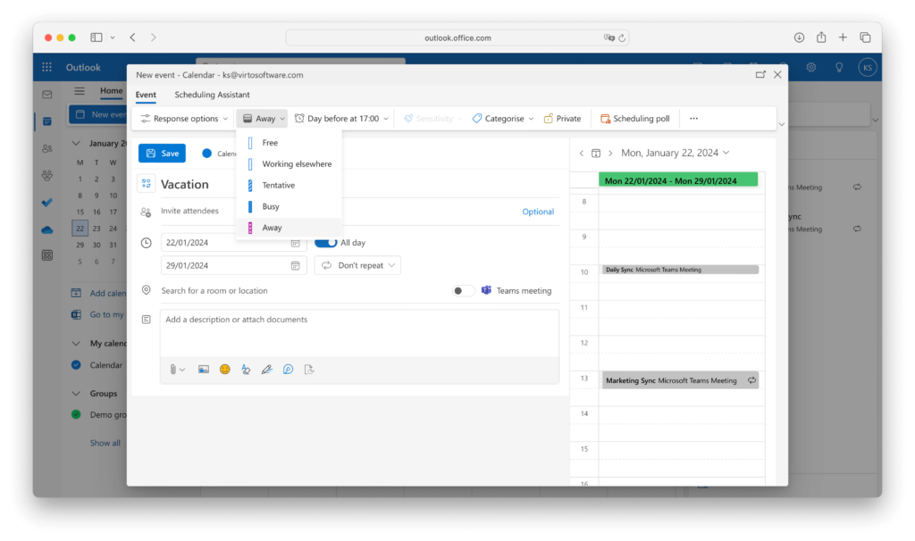 away status in Outlook