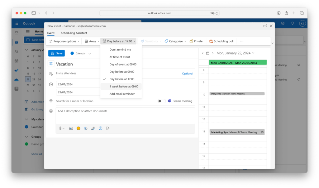 reminders in Outlook