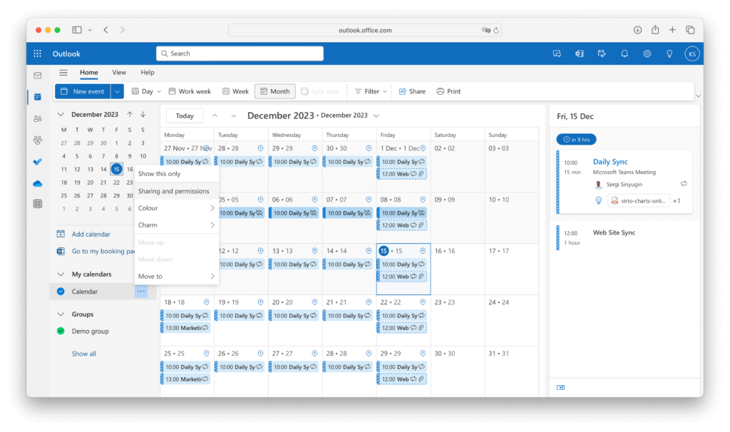 sharing calendar in Outlook