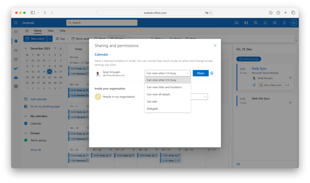 permissions in outlook