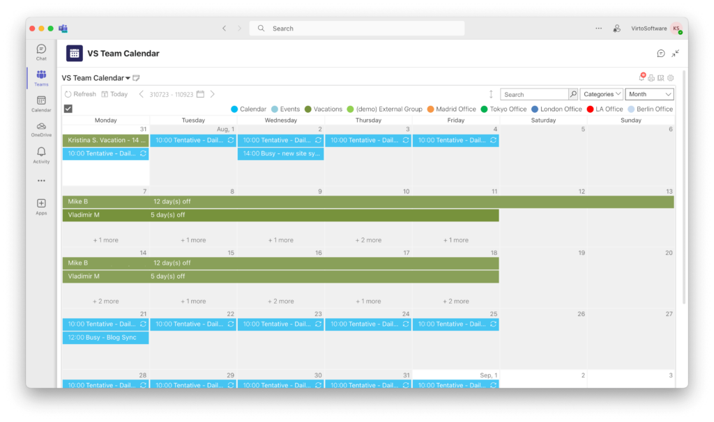 Vacation calendar with Virto Calendar Overlay