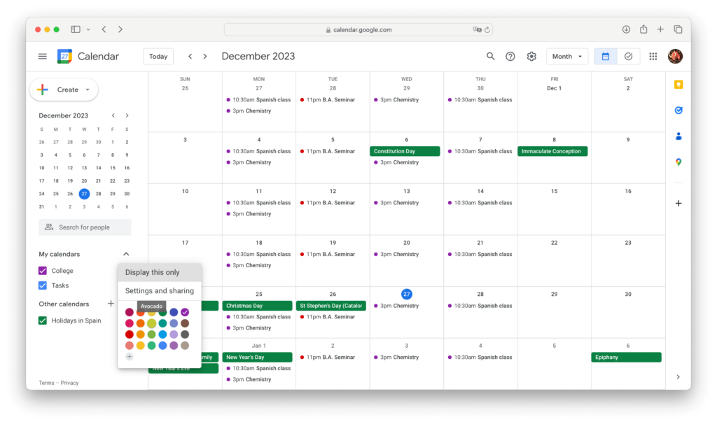 color coding sub-calendars