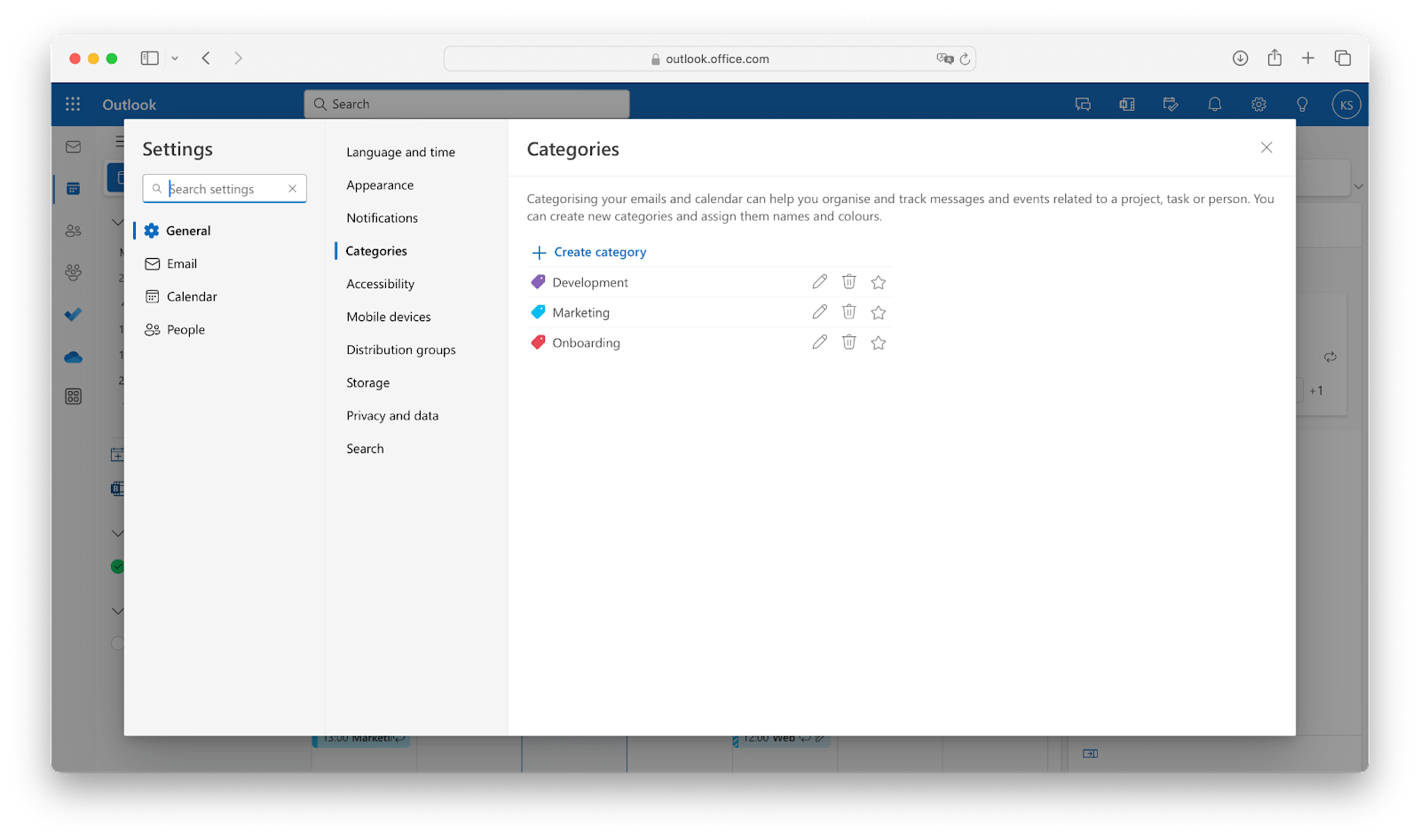 outlook categories set up for MS teams