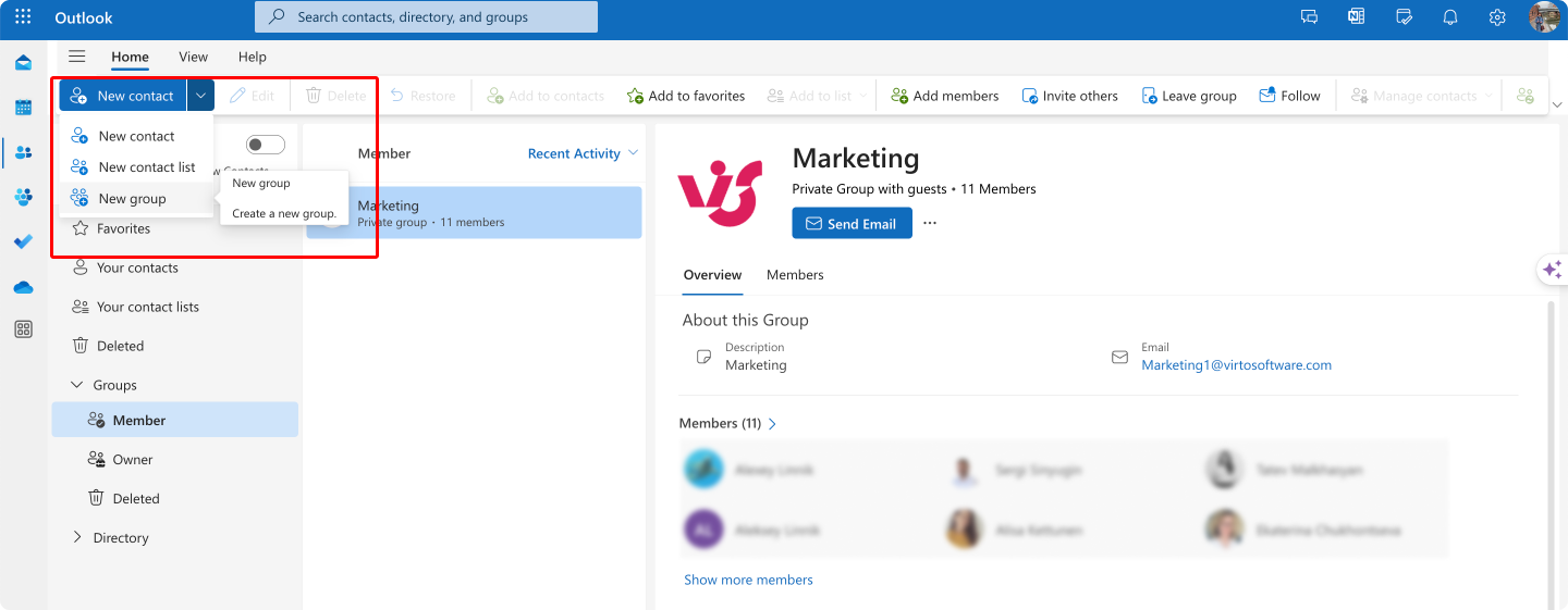 Creating a new group in Outlook.