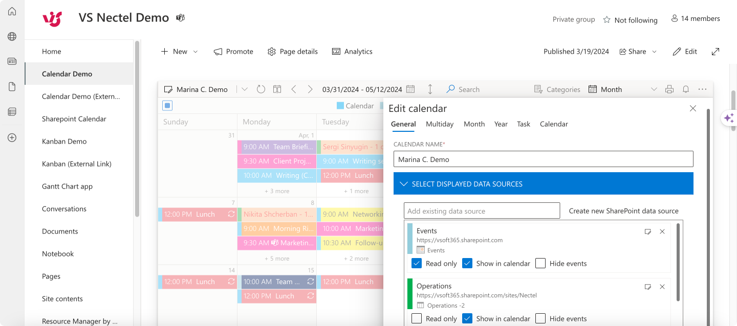 Adding a list as a source in Virto Calendar.