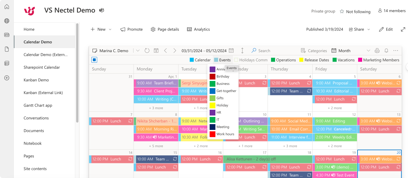 Lists displayed on the ribbon above calendar dates. 