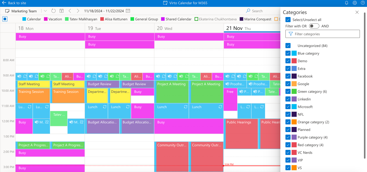 Pic. 15. Sample color-coded Virto Calendar view with categories.