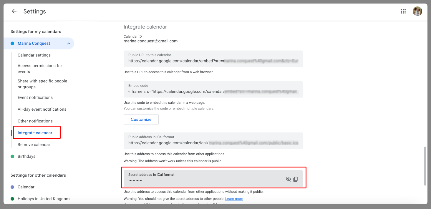 Copying the iCal link from Google.