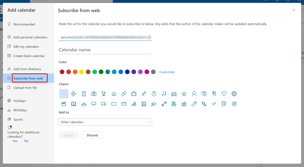 Pasting your iCal link to Outlook.